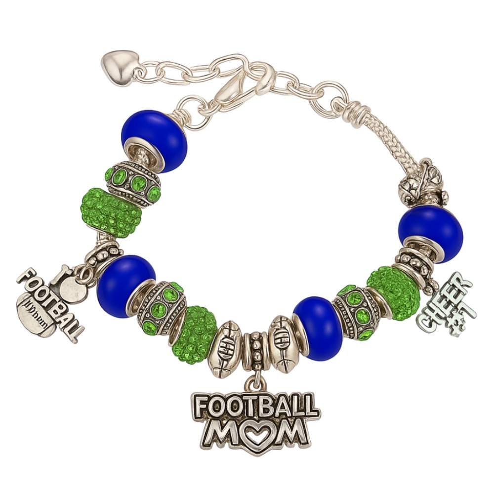 Football Mom Charm Bracelet – Blue & Green Beads